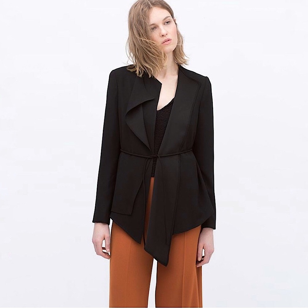 Zara Black Asymmetrical Tie Front Long Sleeve Blazer Size Small